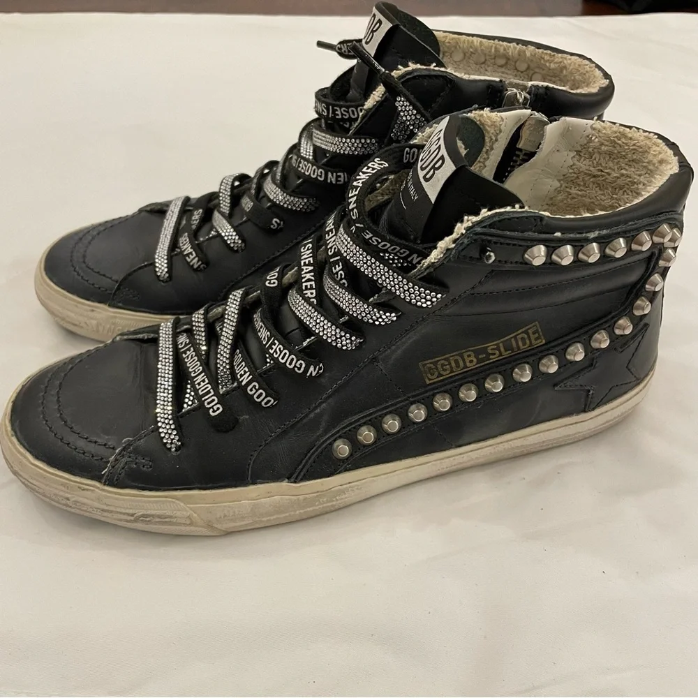 Golden Goose Women's Slide Black with‎ Studs size 41, US 11 with Swarovski Laces